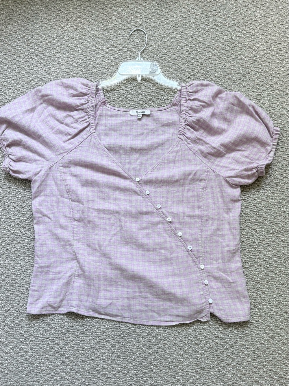 Madewell Linen Blend Gingham Bubble Sleeve Top Size Large Cream Gray Lavender